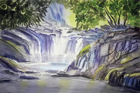 Waterfalls In Forest Painting By Amit Thakurta