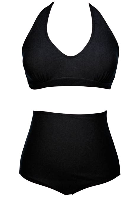 Bignbold Solid Black High Waisted Halter Bikini Swimsuit Plus Size