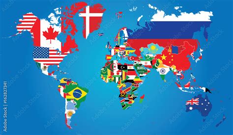 Vecteur Stock Detailed Map Of The World With The Borders And Flags Of