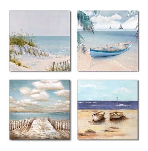 4 Panel Canvas Print Wall Art Beach Seaside Boat And Sea Sailing Warm
