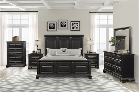 Renova Vintage Black Wood Bedroom Set King Panel Bed Dresser Mirror Two Nightstands Chest