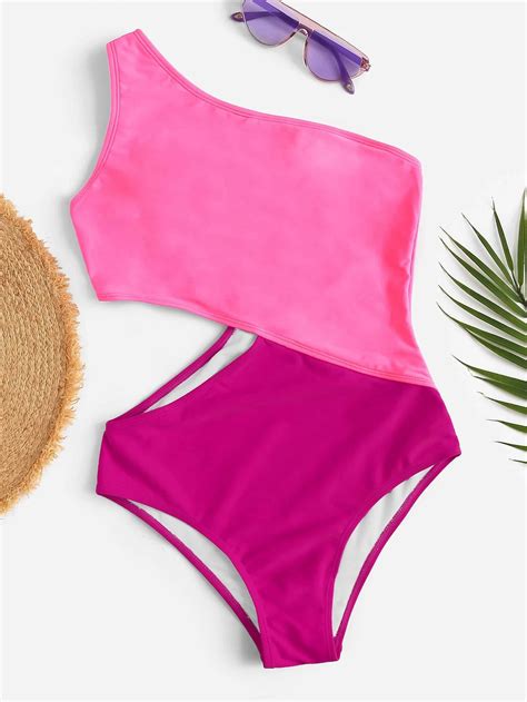 Two Tone One Shoulder One Piece Swimsuit Shein Usa