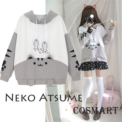 Set17th Anime Neko Atsume Cute Cat Cotton Fleece Hoodie Long Sleeve