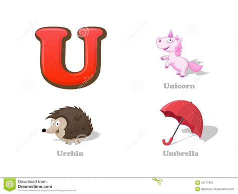 Abc Letter U Funny Kid Icons Set Unicorn Urchin Umbrella Stock