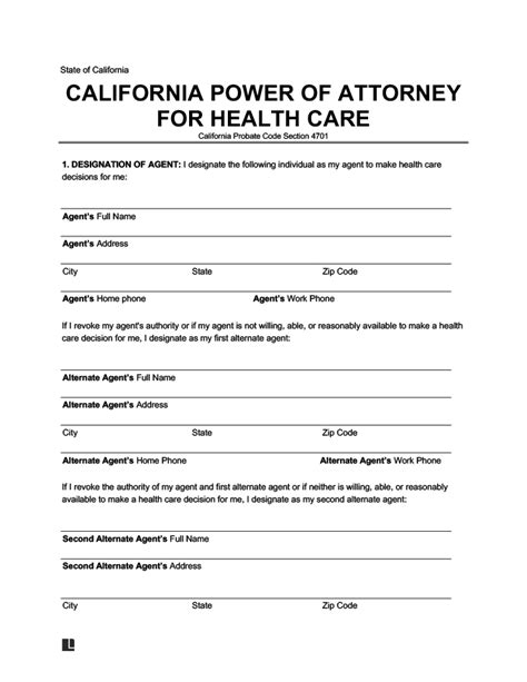 Free Blank Printable Medical Power Of Attorney Forms California
