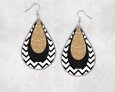 Sublimation Large Tear Drop Earring Chevron And Gold Glitter Etsy