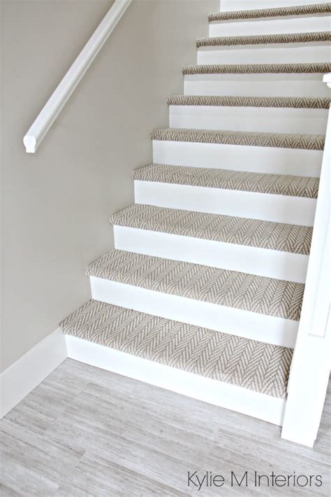 Stairs With Carpet Herringbone Treads And Painted White Risers Looks