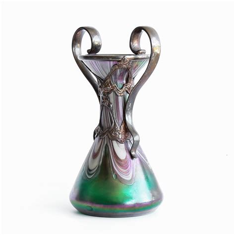 Magnificent Circa 1890 Antique Art Nouveau Art Glass Vase In Metal From The Vault On Ruby Lane