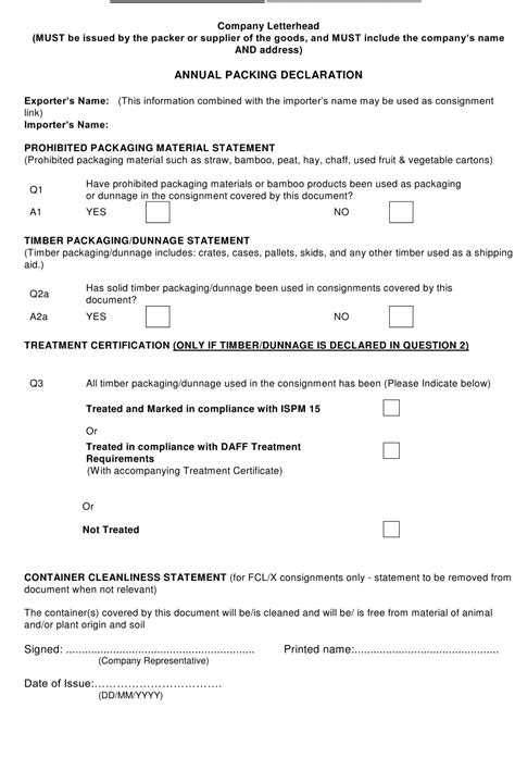 Annual Packing Declaration Form Download Printable Pdf