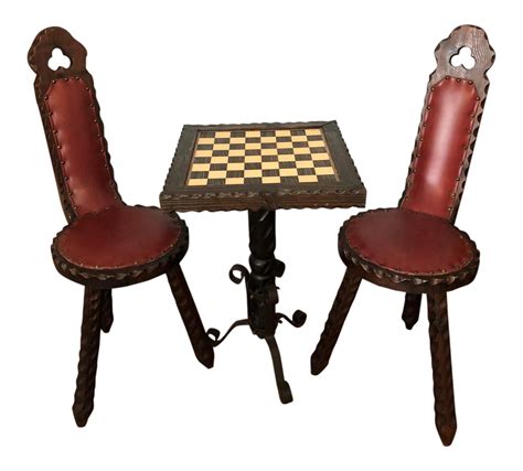 Vintage Spanish Carved Chess Table And Chairs Set Of 3 Table And Chairs