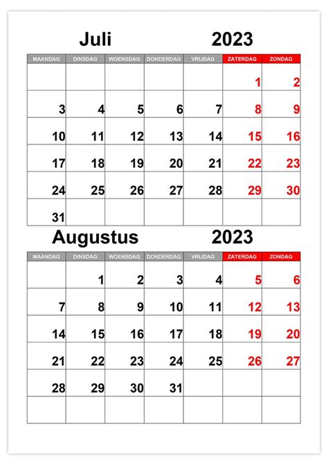 Kalender Juli Augustus 2023