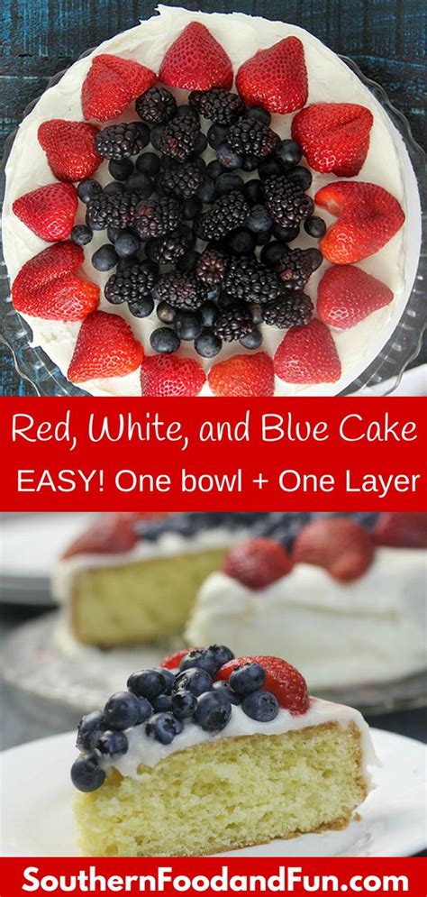 This yellow cake is frosted with whipped topping and decorated with blueberries and strawberries for the stars and stripes on the american flag. Red, white, and blue cake is the perfect 4th of July cake with white buttercream frosting ...