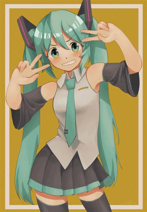 An Anime Girl With Green Hair And Blue Eyes Making The Peace Sign While