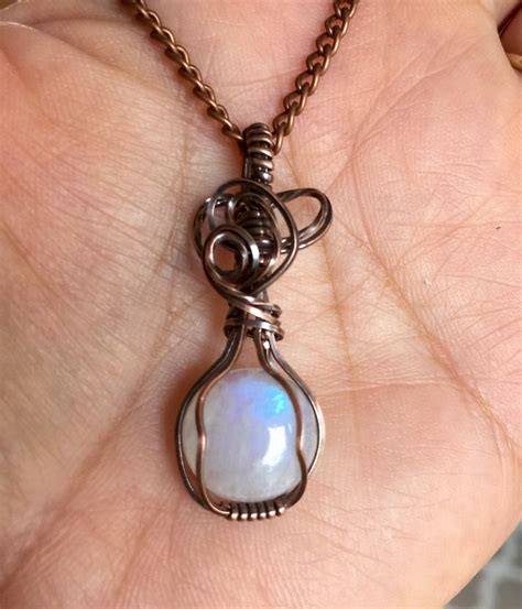 Wire Wrapped Moonstone Necklace In Antiqued Copper Rainbow Moonstone