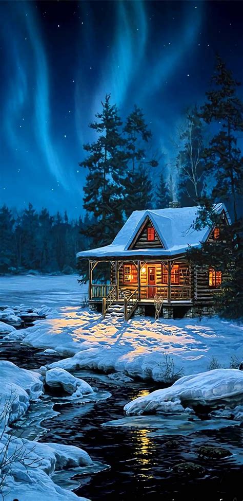 Christmas Winter Painting Winter Scenery Winter Cabin