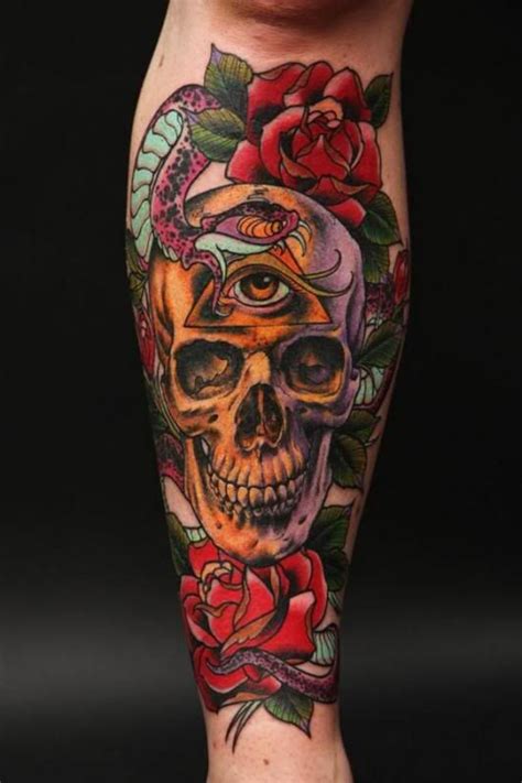 Neo Traditional Skull And Roses Great Color Skull