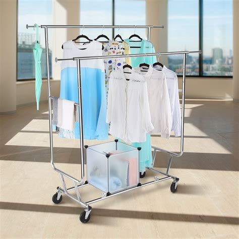 Double Rod Garment Rack Commercial Clothing Garment Rack With 4 Wheels