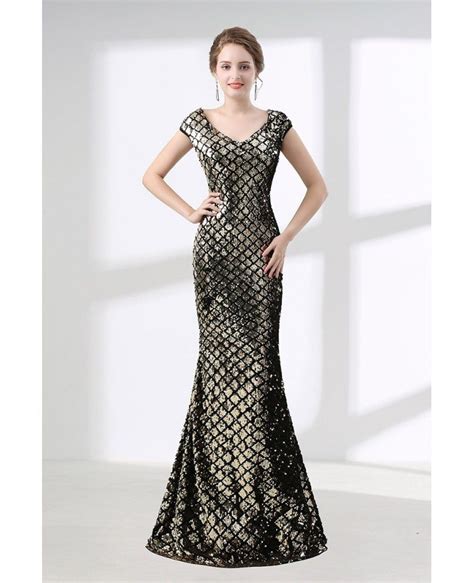 Cheap Black And Gold Mermaid Prom Dress Sparkly Sequined Ch6602