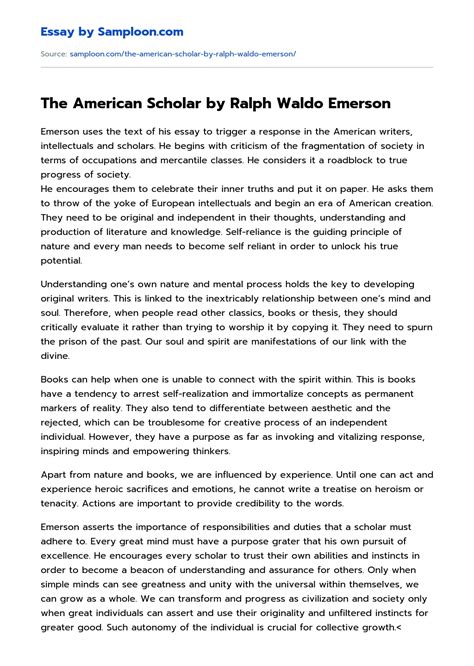 ≫ The American Scholar By Ralph Waldo Emerson Free Essay Sample On