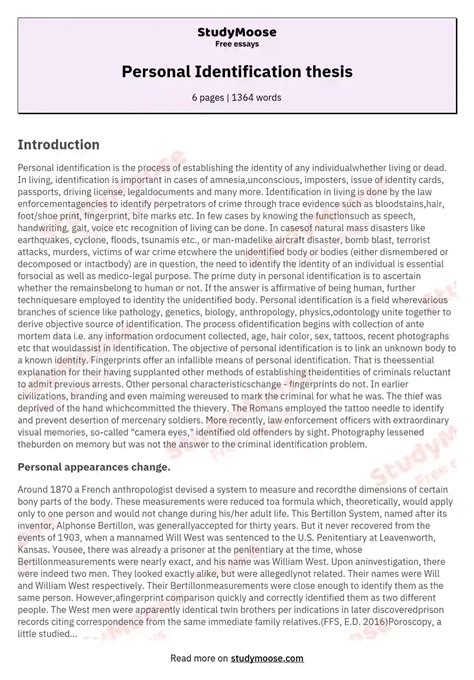 Personal Identification Thesis Free Essay Example