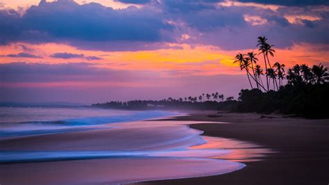 Download 1920x1080 Beach Sunset Waves Clouds Sky Palms Ocean