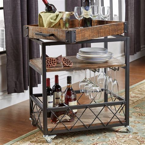 Homesullivan Grove Place Distressed Cocoa Bar Cart With Wine Glass