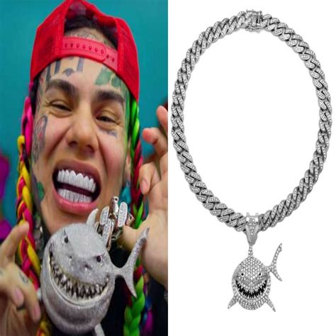 Tekashi 69 Shark Pendant Silver Miami Cuban Link Chain Necklace Rap