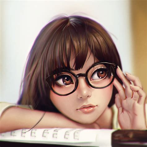 Photo Brown Haired Face Hair Girls Glasses Painting Art