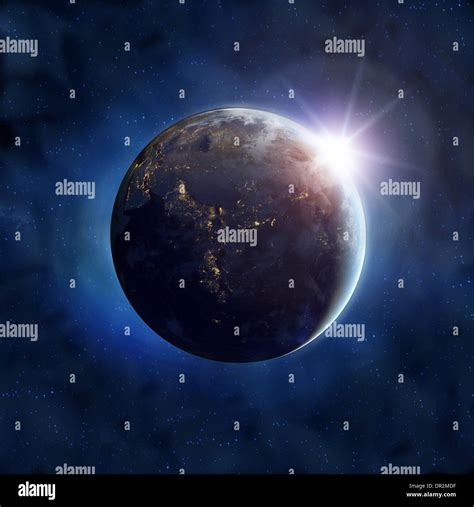 Earth As Seen From Outer Space With Sunrise Stock Photo Alamy