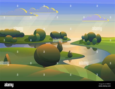 A Flowing River With Green Meadows Hills Landscape Vector Illustration