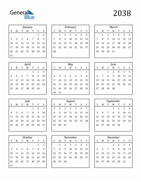 2038 Blank Yearly Calendar Printable