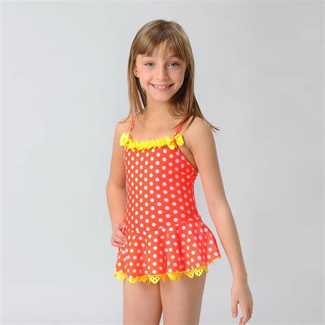 Hiheart 2015 Lace Girl Swim Dress One Piece Dot Print Swimwear Summer