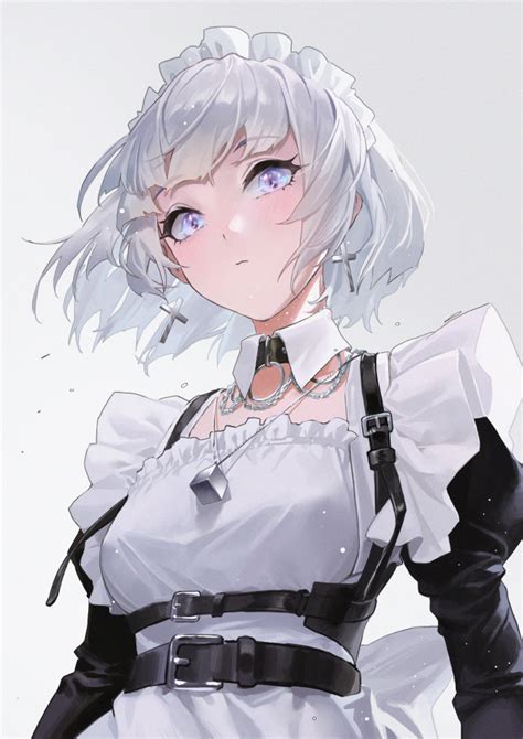 Wallpaper Beautiful Anime Girl Choker Maid Outfit Gray Hair