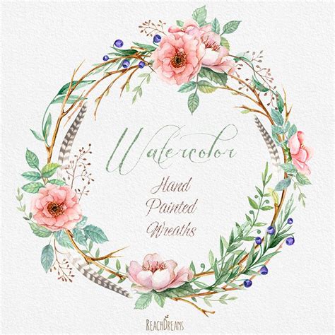 Watercolour Flower Wreaths With Floral Elements And Feathers Etsy