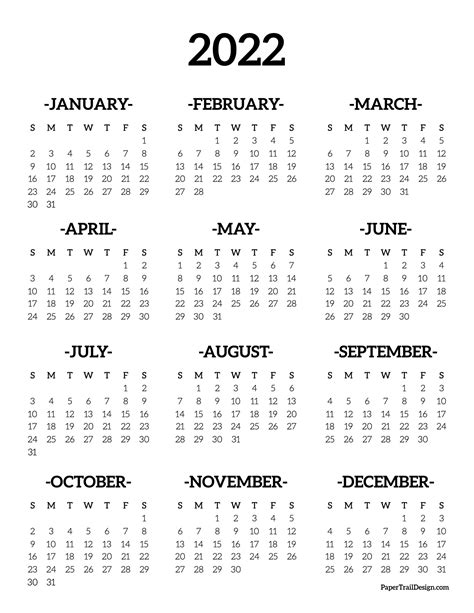 Year At A Glance Calendar 2022 Free Printable