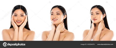 Collage Naked Asian Woman Touching Neck Face Isolated White Panoramic