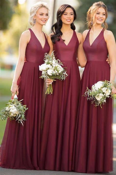 Alluring Satin And Tulle V Neck Neckline A Line Bridesmaid Dresses Wine