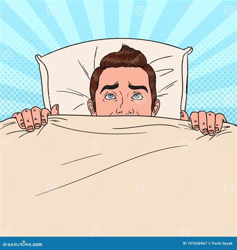 Pop Art Man Hiding In Bed Scared Guy Peeps Up Under The Blanket
