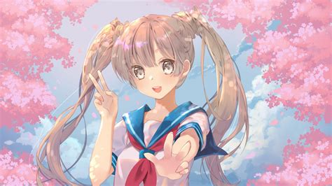 Brown Eyes Brown Hair Cherry Blossoms Flowers Long Hair Mintchoco