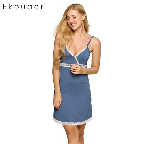 Ekouaer Nightgown Women Sexy Nighties Sleepshirts V Neck Sleeveless Lace Trim Lady Sleepwear