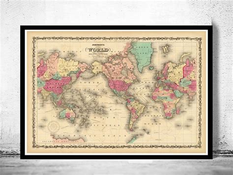 Vintage World Map Mercator Projection Fine Reproduction
