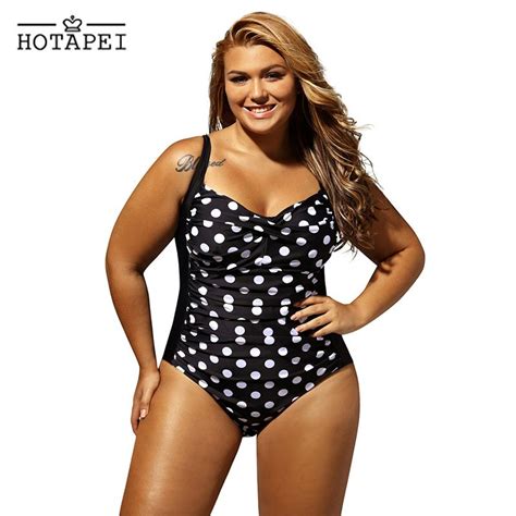 Hotapei Plus Size One Piece Swimwear Black White Polka Dot Swimsuit