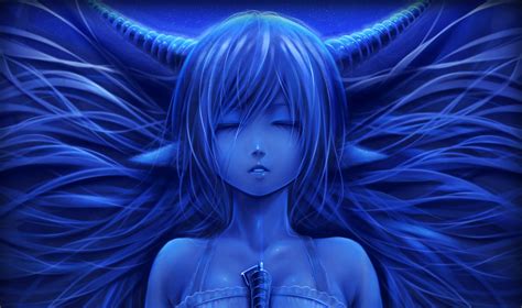 Wallpaper Face Illustration Anime Horns Blue Ears Girl Wing