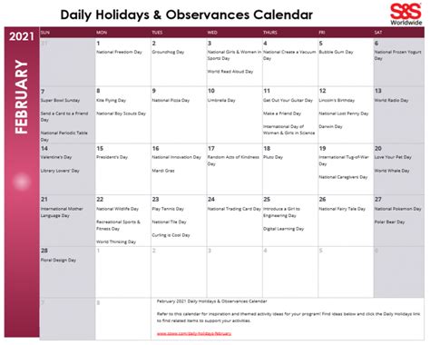 Daily Holidays Observances Printable Calendar Archives S S Blog 114534