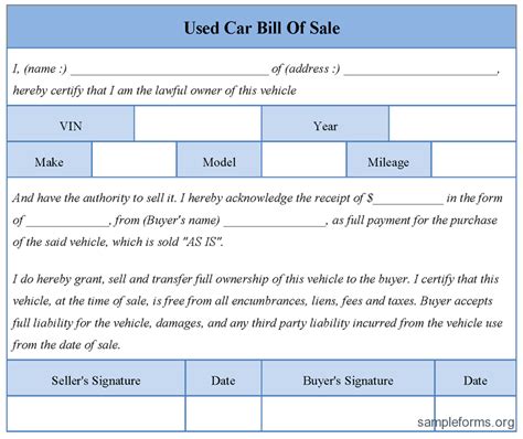 Free Printable Free Car Bill Of Sale Template Form Generic