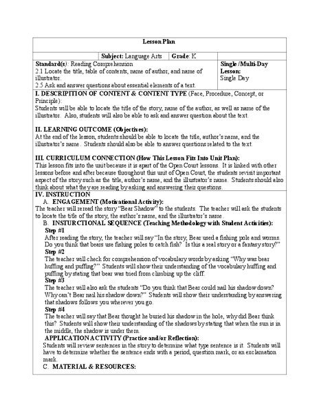 Typical Reading Comprehension Lesson Plan Doc Roles Of Lesson Plans
