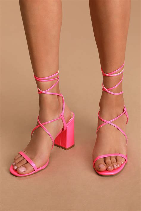 Cute Neon Pink Heels Lace Up Heels Beige High Heel Sandals Lulus