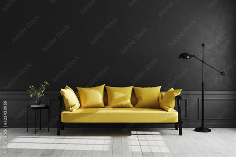 Luxury Dark Living Room Interior Background Black Empty Wall Mock Up