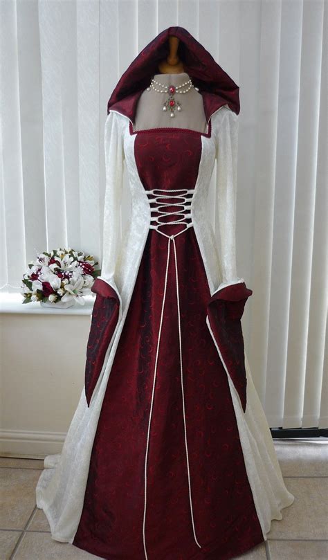 Medieval Pagan Wedding Hooded Dress Cream And Burgundy Dawns Medieval