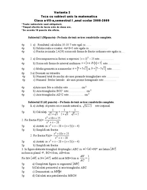 Matematica Model Teza Clasa A Viii A